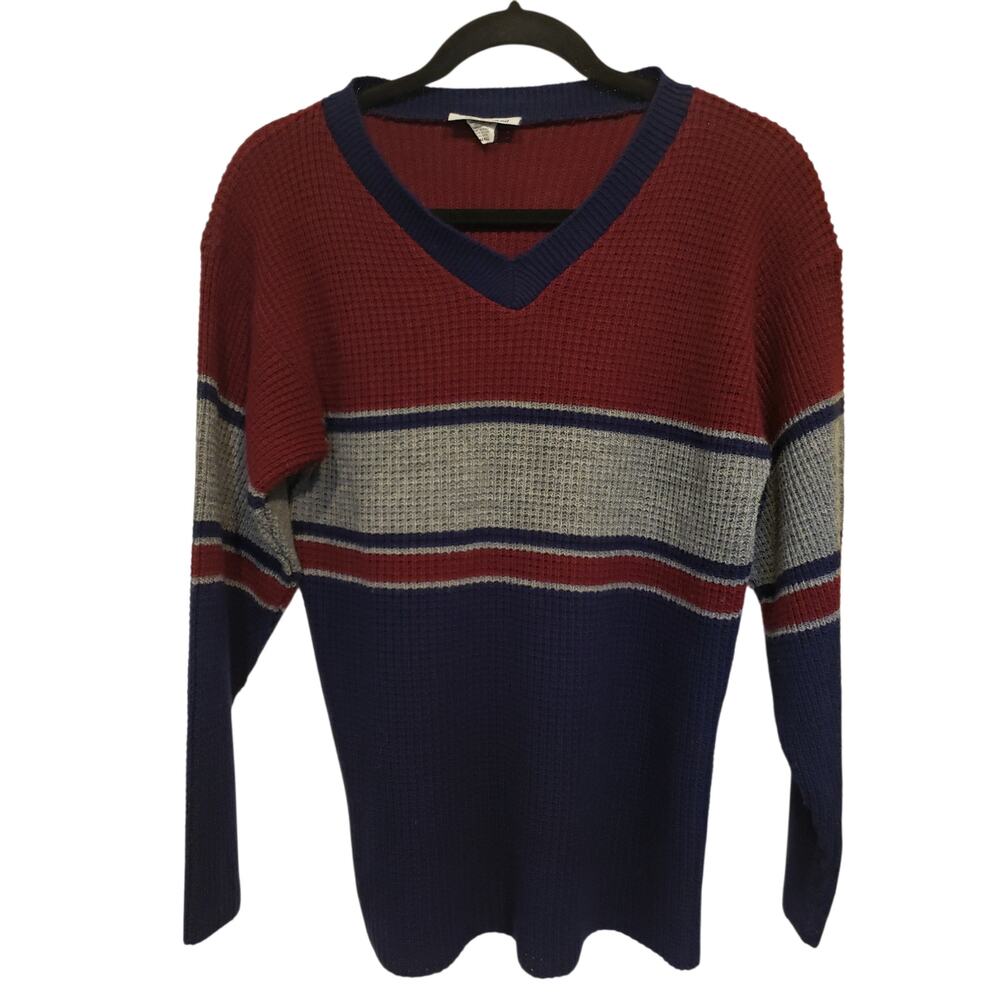 Vintage Arielle Sweater 90's Small, Red Blue Gray Stripe Knit V Neck